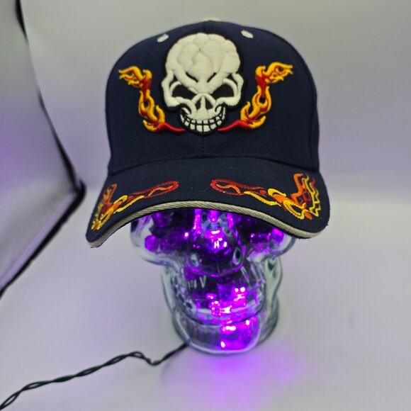 Sara Headwear Skull & Flames Black Baseball Cap Embroidered‎ Biker Hat NWOT - Picture 1 of 7